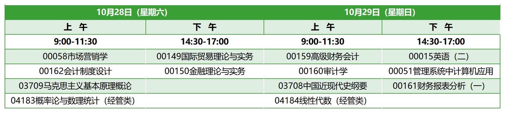 2023年10月山东自考本科会计学考试安排
